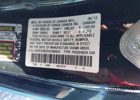 2012 Honda Civic Lx from USA, damaged, VIN 2HGFG3B55CH560422